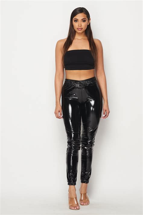 faux leather high waisted jogger pants in metallic black