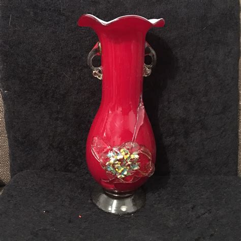 Vintage Large Murano Red Glass Vase With Glass Flower Etsy