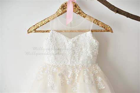 Illusion Sheer Neck Ivory Lace Champagne Tulle Wedding Flower Girl