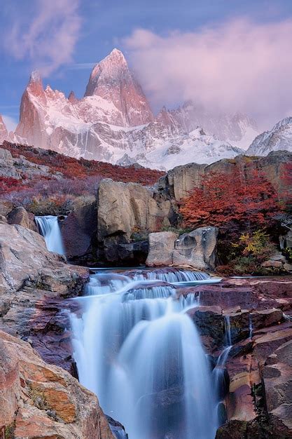 Premium Photo View Of Mount Fitz Roy And The Waterfall At Sunrise