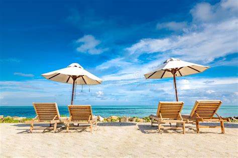 Beautiful Beach Chairs On The Sandy Beach Near The Sea Summer Holiday