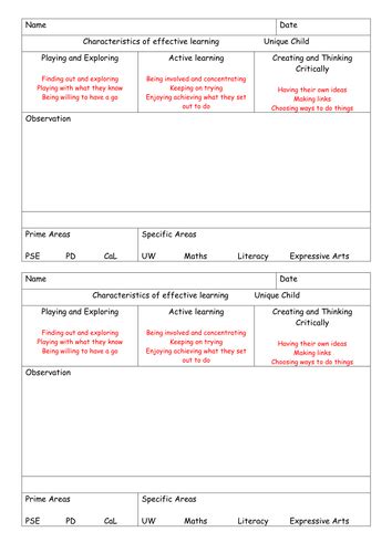 Eyfs 2012 Observation Sheet By Lizip Teaching Resources Tes