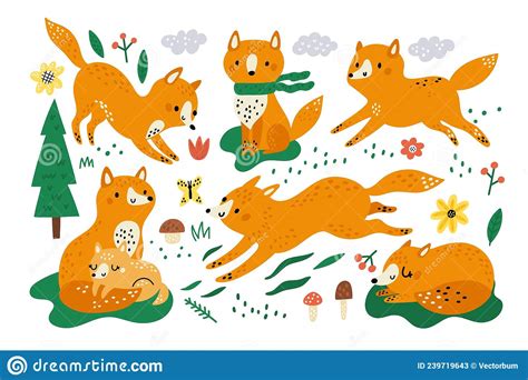 Cute Foxes Funny Kids Animals Orange Forest Mammals Wild Fauna