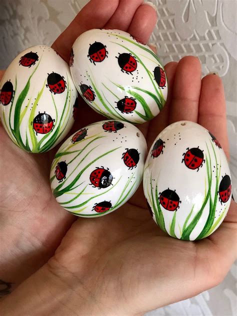 Set Of 4 White Hand Decorated Painted Easter Egg With Ladybug Etsy