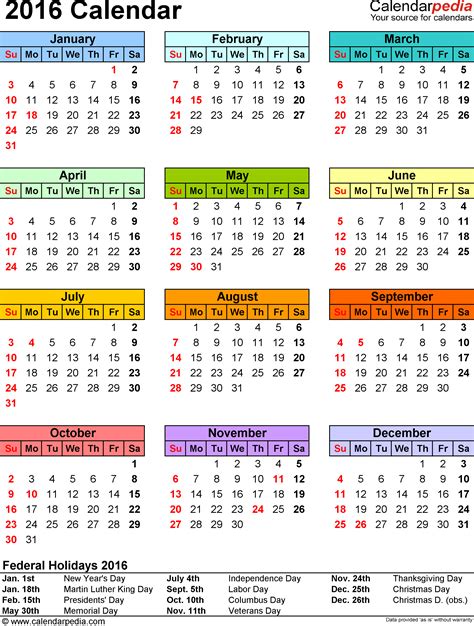 2016 Calendar With Holidays Printable Excel Calendar Template