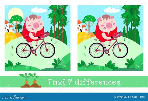 Find 7 Differences Game For Children Laughing Cute Pig On Bike