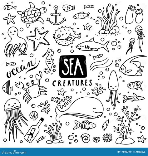 Sea Creatures Doodles Stock Vector Illustration Of Anchor 176037911