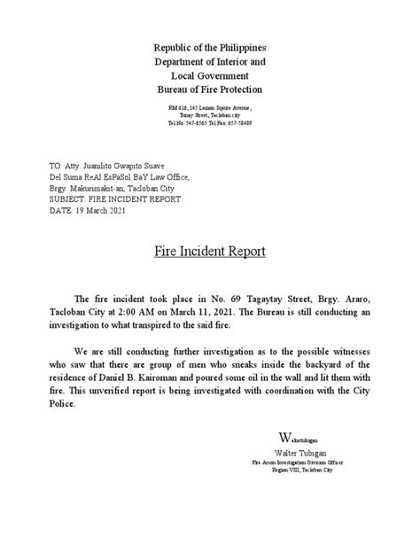 Fire Incident Report Republic Of The Philippines Department Of