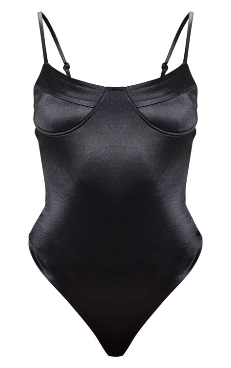 Black Stretch Satin Cup Bodysuit Tops Prettylittlething Aus