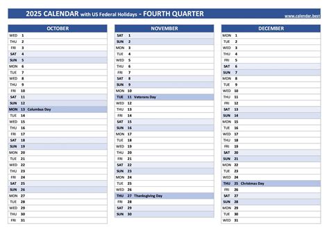 Fourth Quarter Calendar With Holidays Dori Adelaide