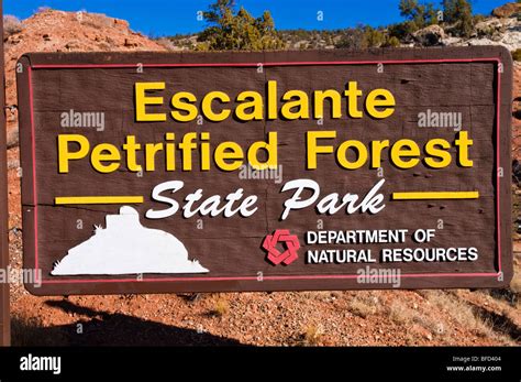 The Entrance Sign At Escalante Petrified Forest State Park Utah Stock