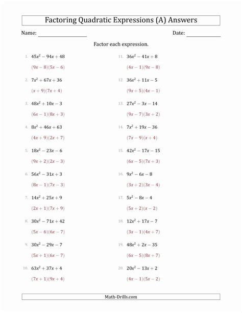 Factorization Of Algebraic Expressions Worksheets