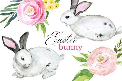 Bunny Easter Watercolor Clipart Set Gráfico Por Elena Dorosh Art
