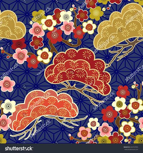 Japanese Pattern Cherry Blossom Ornament With Oriental Motifs Vector