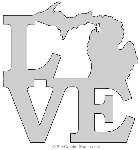 Michigan Love Map Outline Scroll Saw Pattern Shape State Stencil Clip