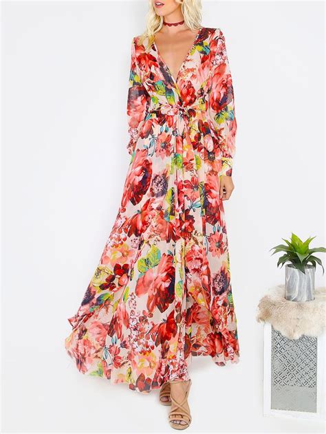 Shein Flower Print Plunging V Neck Full Length Dress Shopstyle Long