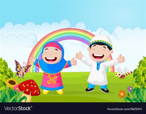 Happy Muslim Kid Waving Hand With Rainbow Vector Image