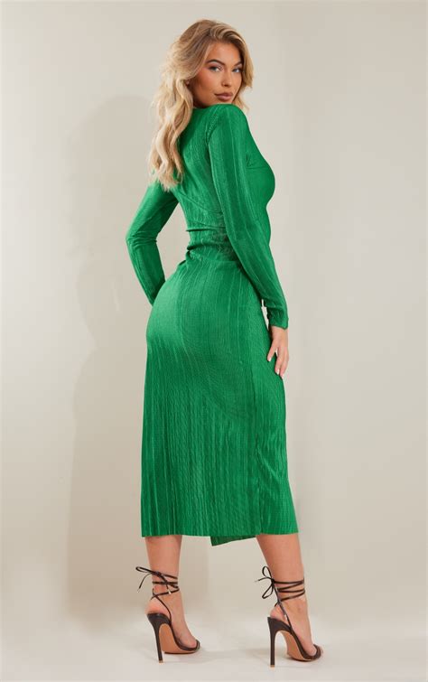 Green Plisse Long Sleeve Split Detail Midi Dress Prettylittlething Usa