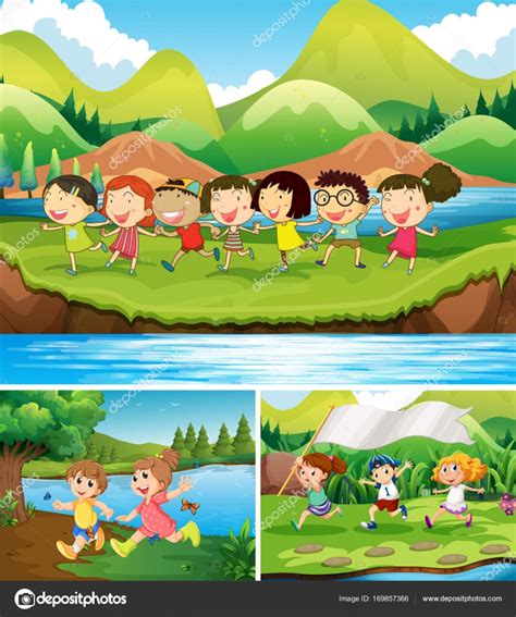 Happy Children Playing In The Park — Stock Vector © Interactimages