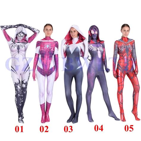 Women Girls Venom Spider Gwen Stacy Cosplay Costume Spiderman Hoodie Spandex Lycra Zentai Suit