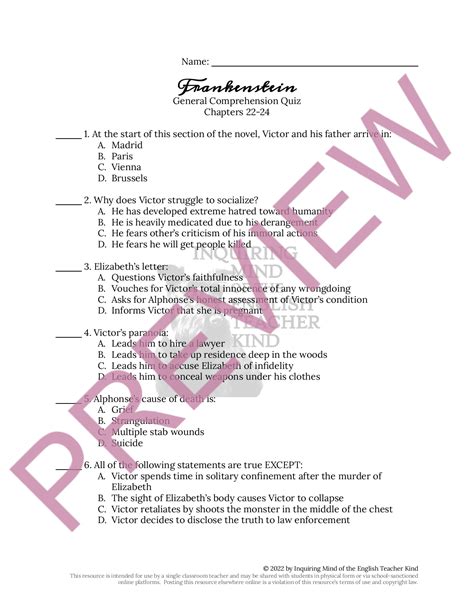 Frankenstein Chapters 22-24 Quiz and Answer Key | Teaching Resources