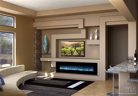 A Modern Media Wall With Stone And A Warm Color Palette By Dagr Design