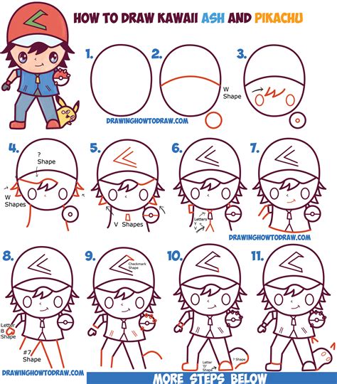 How To Draw Cute Kawaii Chibi Ash Ketchum And Pikachu From Pokemon Easy