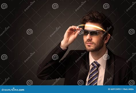 Handsome Man Looking With Futuristic High Tech Glasses Stock Image Image Of Glow Cyborg 66912493