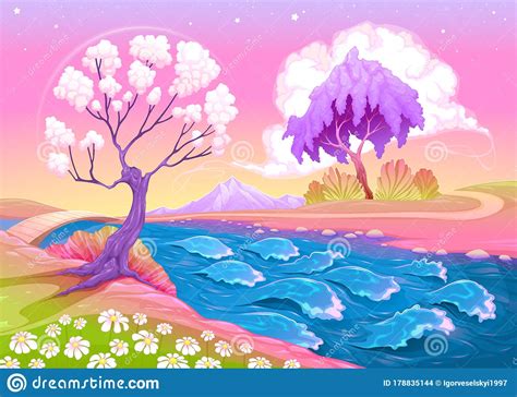 Astral Landscape With Trees And River Stock Vector Illustration Of