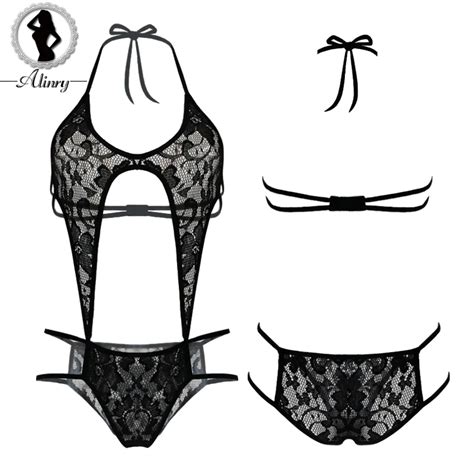Alinry New Sexy Lingerie Hot Deep V Black Floral Lace Halter Sexy Teddy