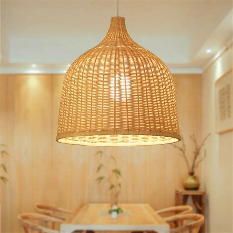 Oukaning Vintage Bamboo Chandelier Lampshade Wicker Rattan Semicircle