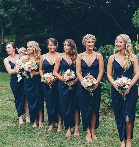 dark blue v neck spaghetti straps silk fabric bridesmaid dress navy blue bridesmaid dresses