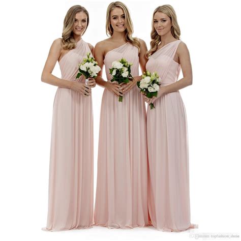 Blush Pink One Shoulder Bridesmaid Dresses Chiffon Pleats Ruched 2020