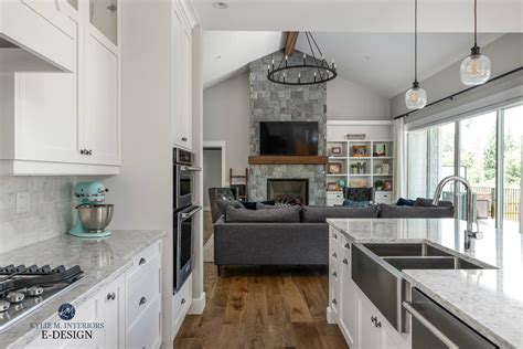 Open Concept Kitchen And Living Room Stonington Gray Stone Fireplace