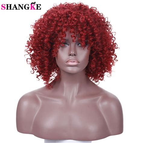 Shangke Short Afro Kinky Curly Synthetic Heat Resistant Wigs With Bangs For Women Natural Black