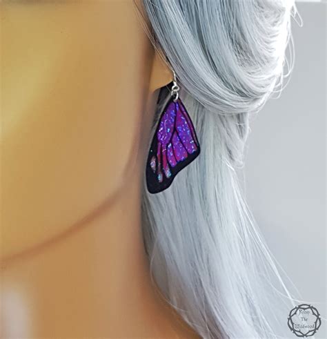 Purple Iridescent Butterfly Wing Earrings Handmade Realistic Monarch