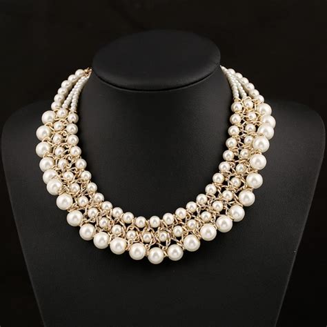 White Multi Layering Pearl Bib Statement Necklace Yellow Gold Chunky