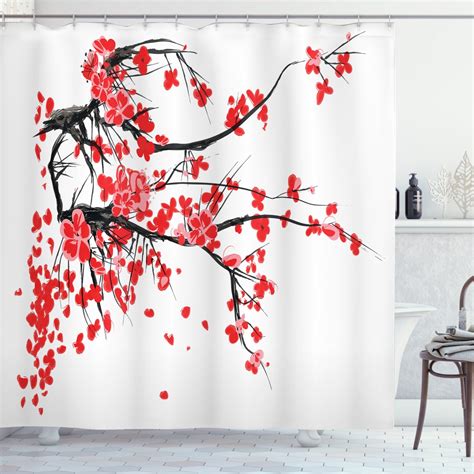 Floral Shower Curtain Japanese Cherry Blossom Sakura Blooms Branch