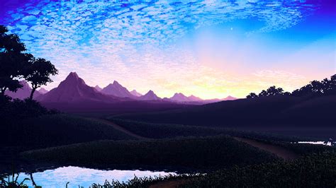 Purple Mountains And Blue Sky Illustration Hd Wallpaper Wallpaper Flare