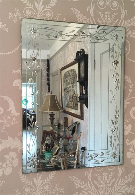 Vintage Beveled Edge Mirror With Etched Flower Border Art Deco Etsy Uk Beveled Edge Mirror