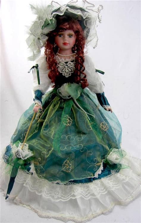 Porcelain Umbrella Doll Tall Victorian Style Green Dress Cold