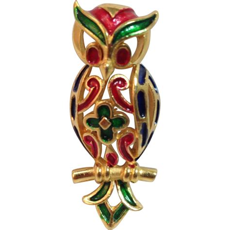Vintage Crown Trifari Enamel Owl Pin Brooch