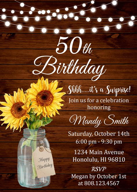 50th Birthday Invitation for Women Rustic Birthday Mason Jar | Etsy