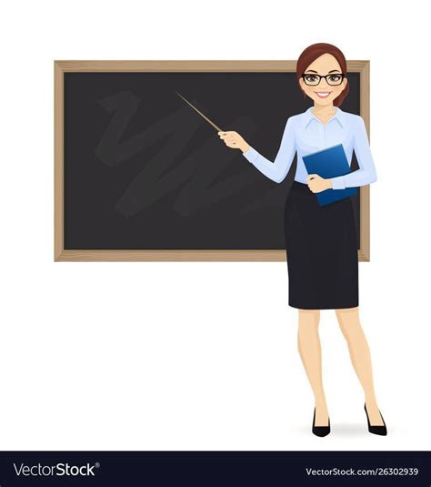 Cartoon Female Teacher Standing Next To A Blackboa Vector Image On