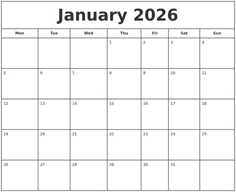 January 2026 Print Free Calendar