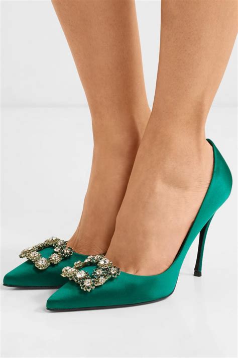 Green Womens Roger Vivier Evening Shoes Crystal Embellished Satin