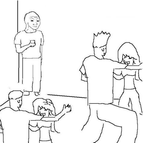 A Black And White Drawing Of People In A Room With One Person Holding A
