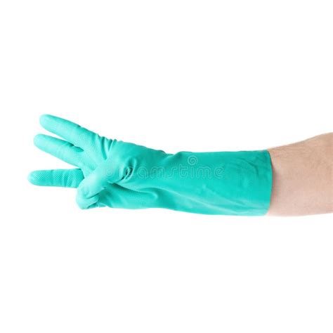 hand in rubber latex glove with gesture showing three fingers over white isolated background