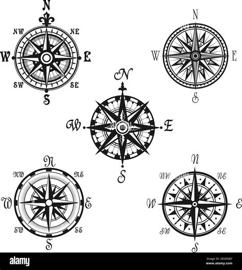 Compass Or Wind Rose Marine Navigation Icons Vector Symbols Of