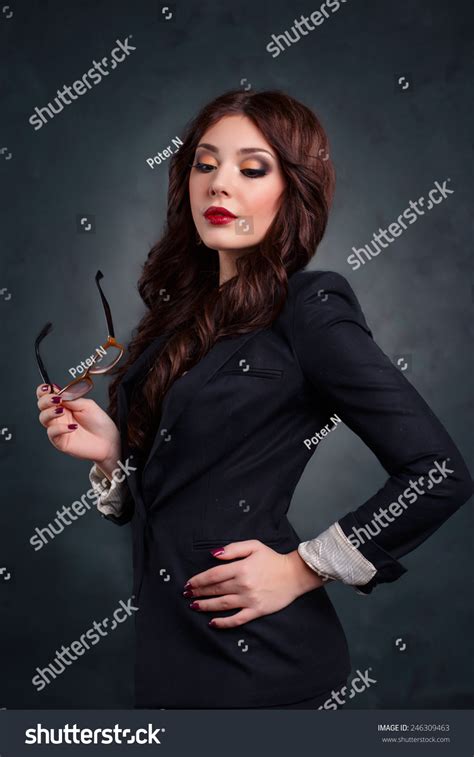 Photo De Stock Sexy Business Woman Dark Business Suit 246309463